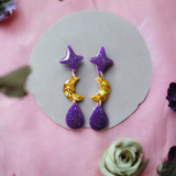 Large Purple and Gold Moon Dangle Earrings