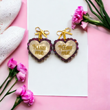 Layered Purple 'Kiss Me' Hearts with Gold Bow Earrings