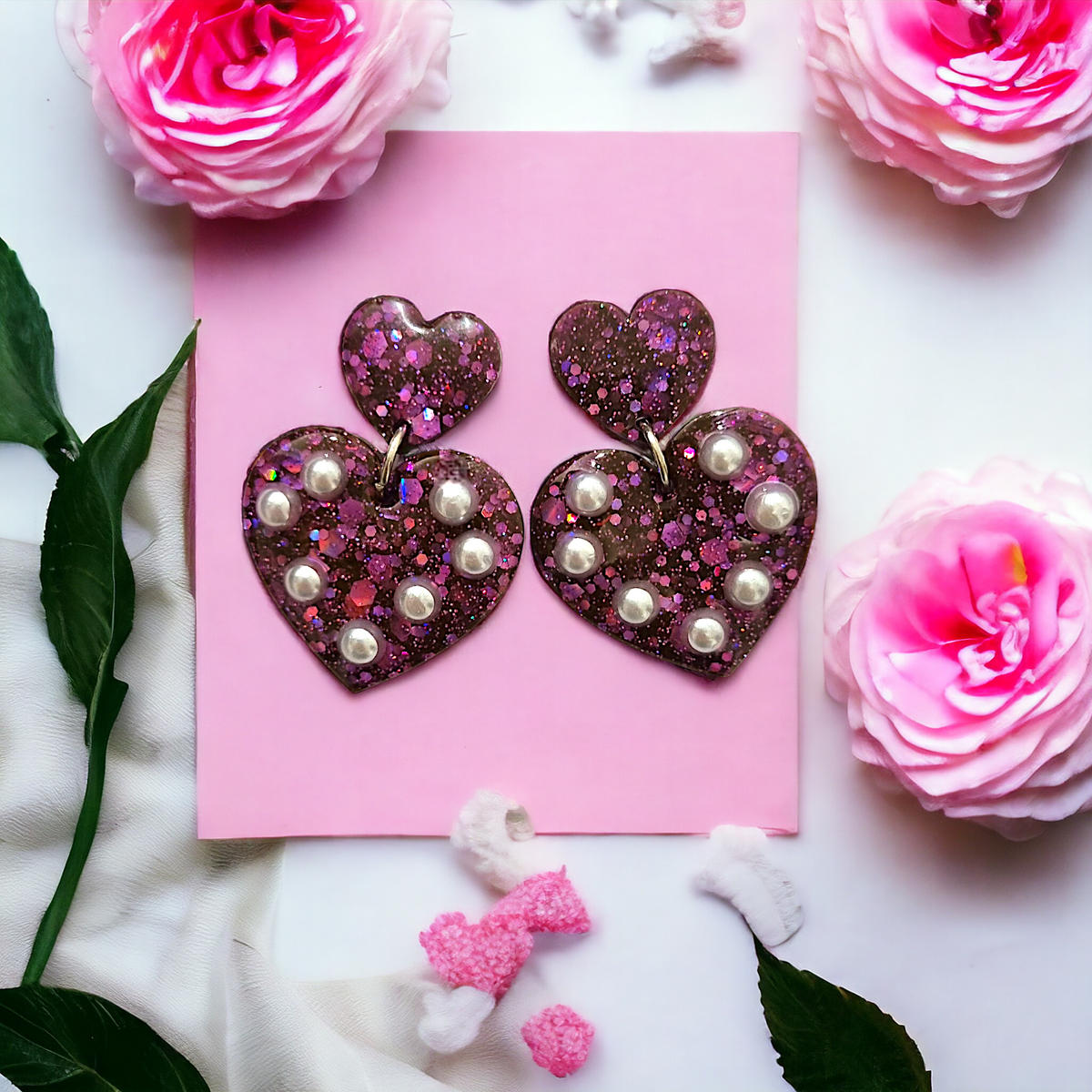Duo Large Purple Glitter and Faux Pearl Heart Earrings