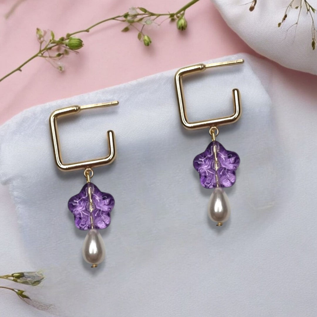 Gold Square Hoop and Purple Flower Bead with Pearl Earrings