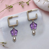 Gold Square Hoop and Purple Flower Bead with Pearl Earrings