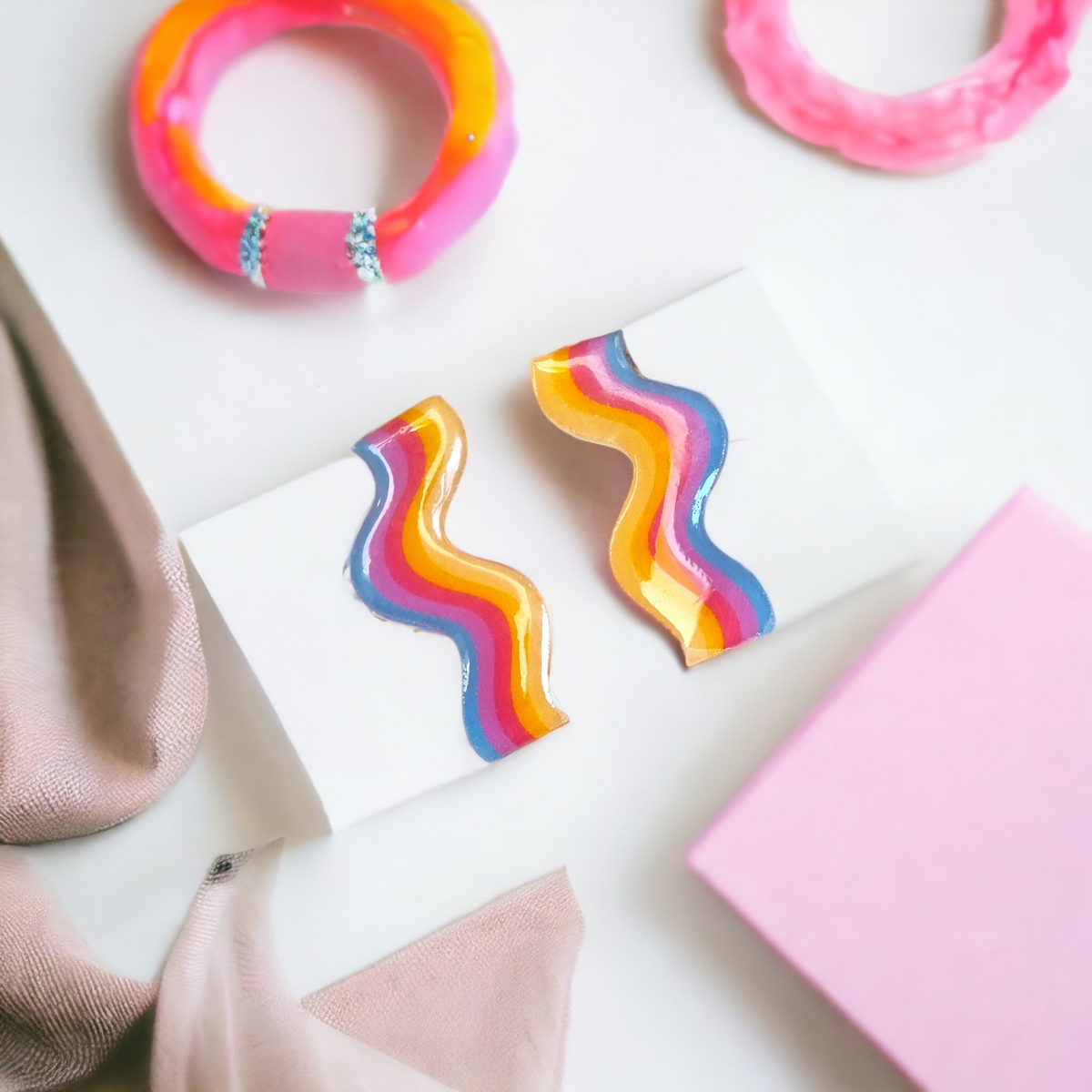Rainbow Wiggle Statement Stud Earrings