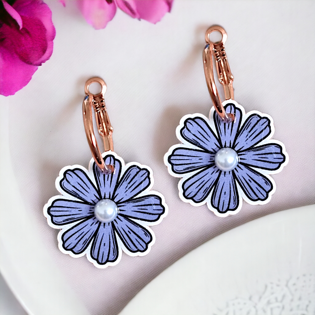 Purple Flower and Faux Pearl Rose Gold Hoop Earrings