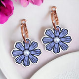 Purple Flower and Faux Pearl Rose Gold Hoop Earrings