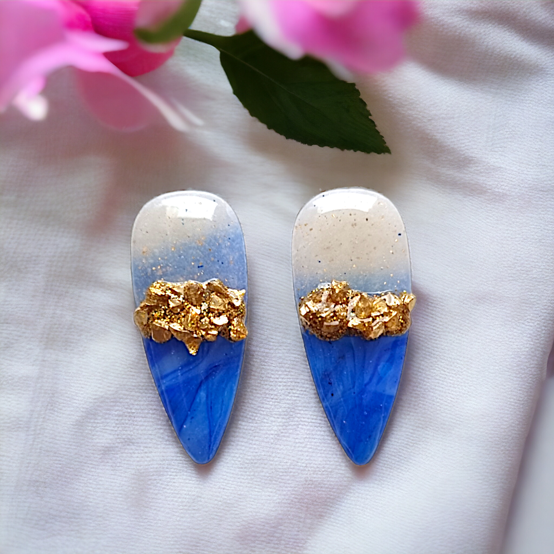 Statement Dagger Blue and Gold Stud Earrings