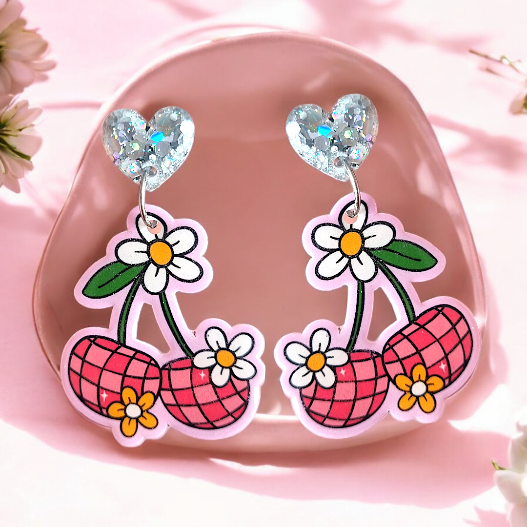 Disco Pink Cherries with Daisies and Silver Glitter Heart Statement Earrings