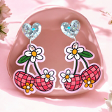 Disco Pink Cherries with Daisies and Silver Glitter Heart Statement Earrings