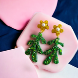 Large Green Glitter Seaweed and Flower Dangle Earrings