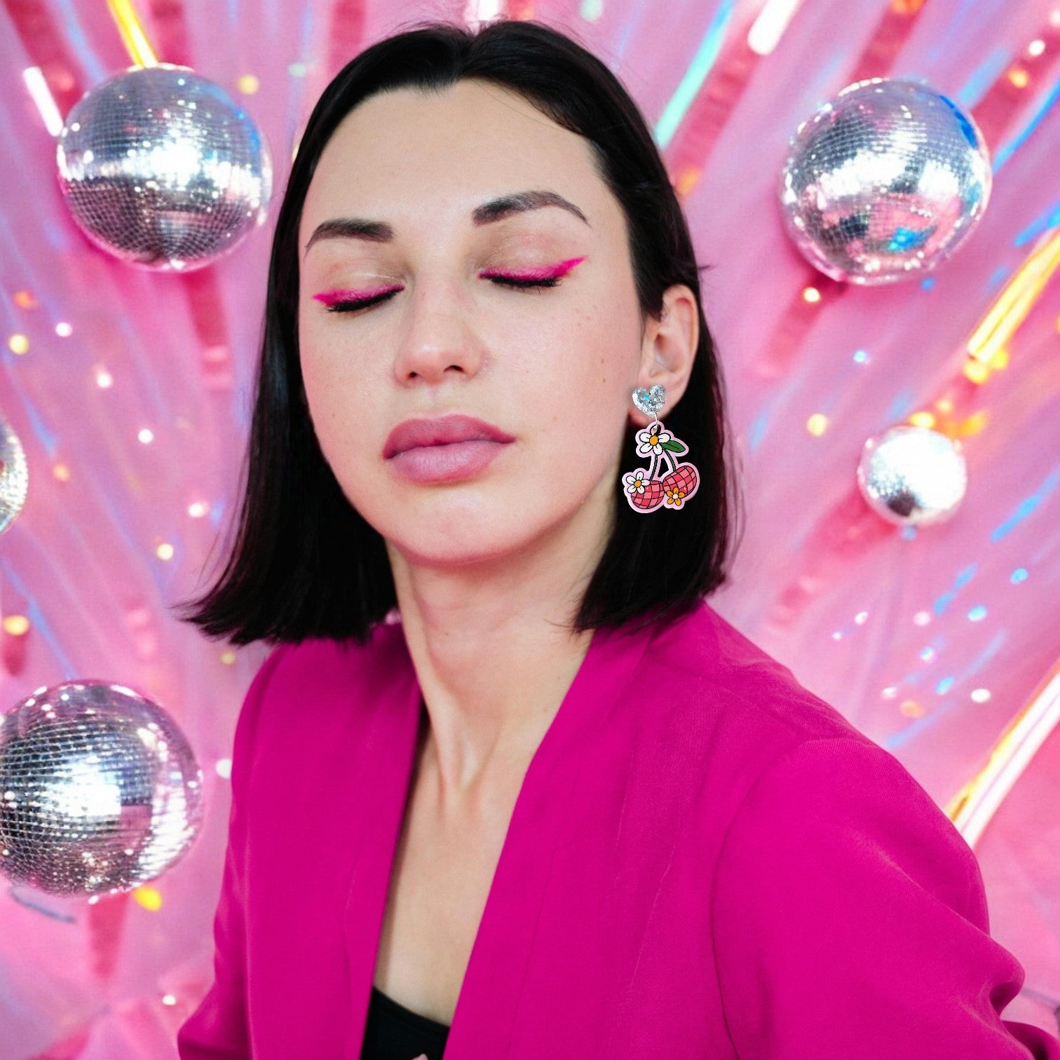 Disco Pink Cherries with Daisies and Silver Glitter Heart Statement Earrings