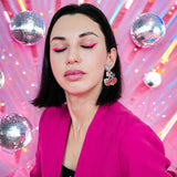 Disco Pink Cherries with Daisies and Silver Glitter Heart Statement Earrings