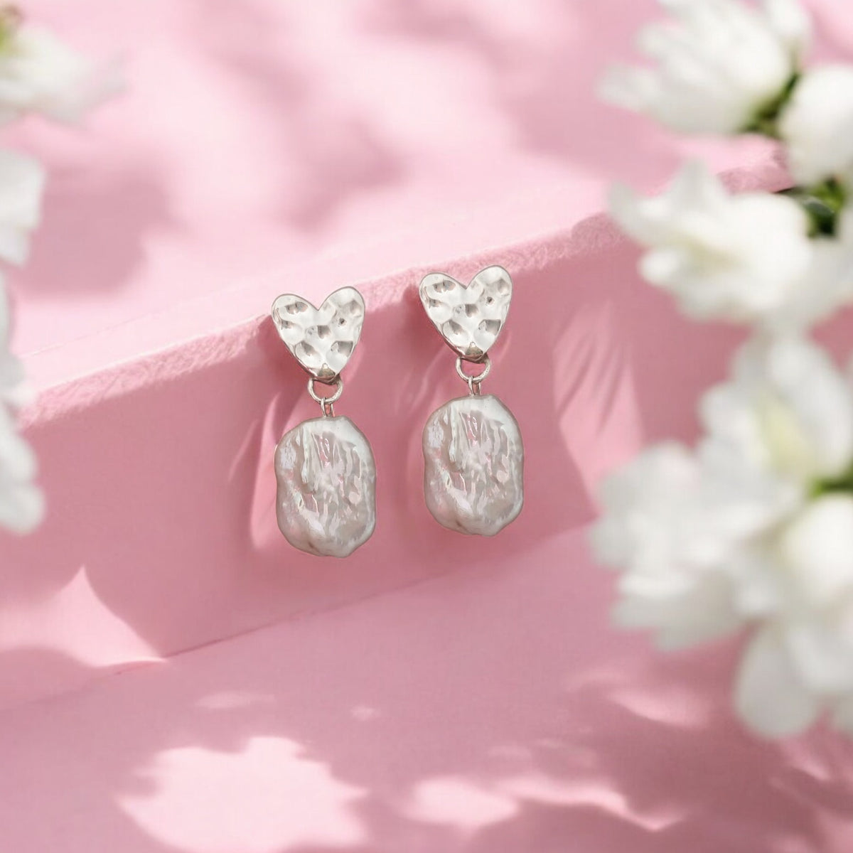 Hammered Heart Baroque Pearl Dangle Earrings