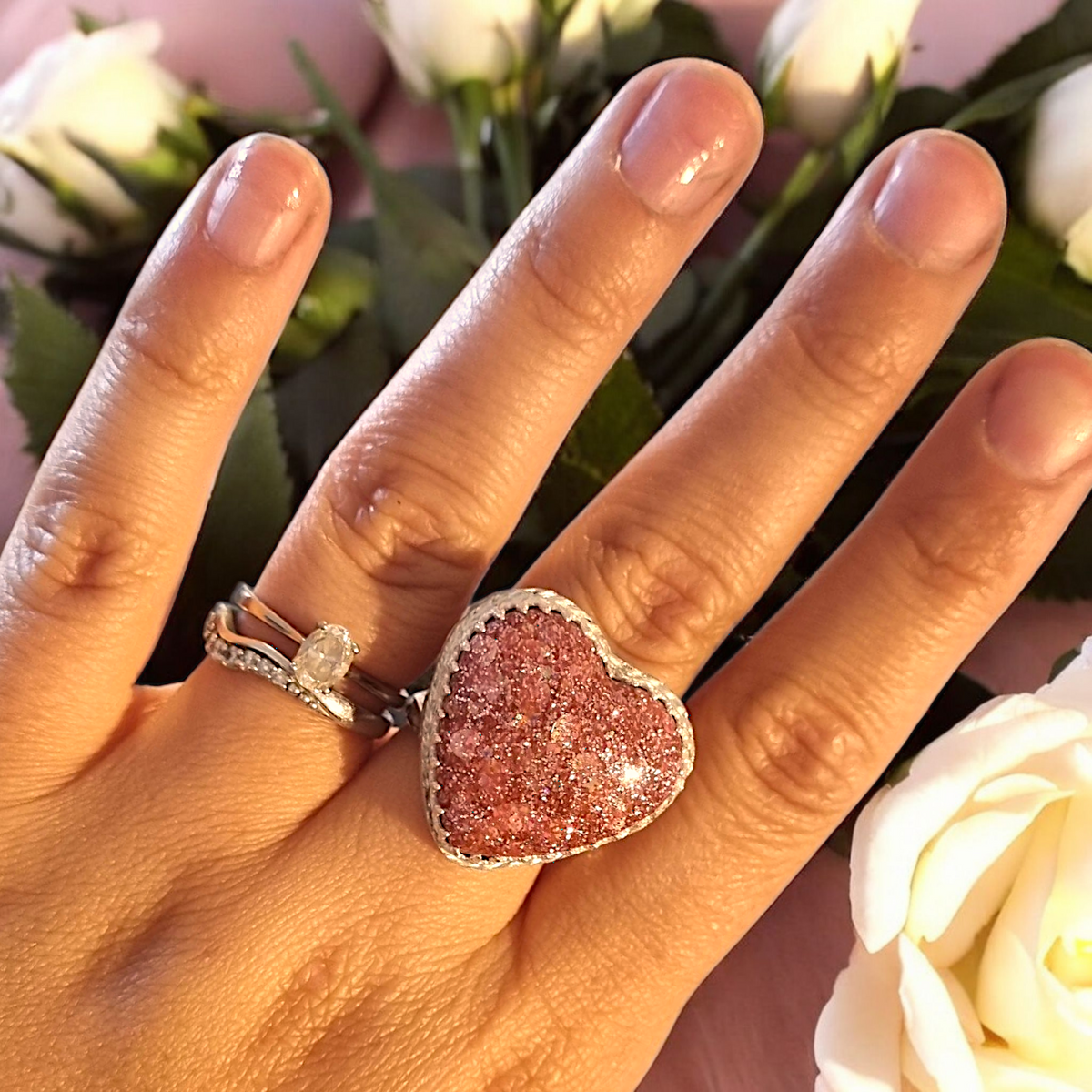 Large Pink Glitter Heart Chunky Ring
