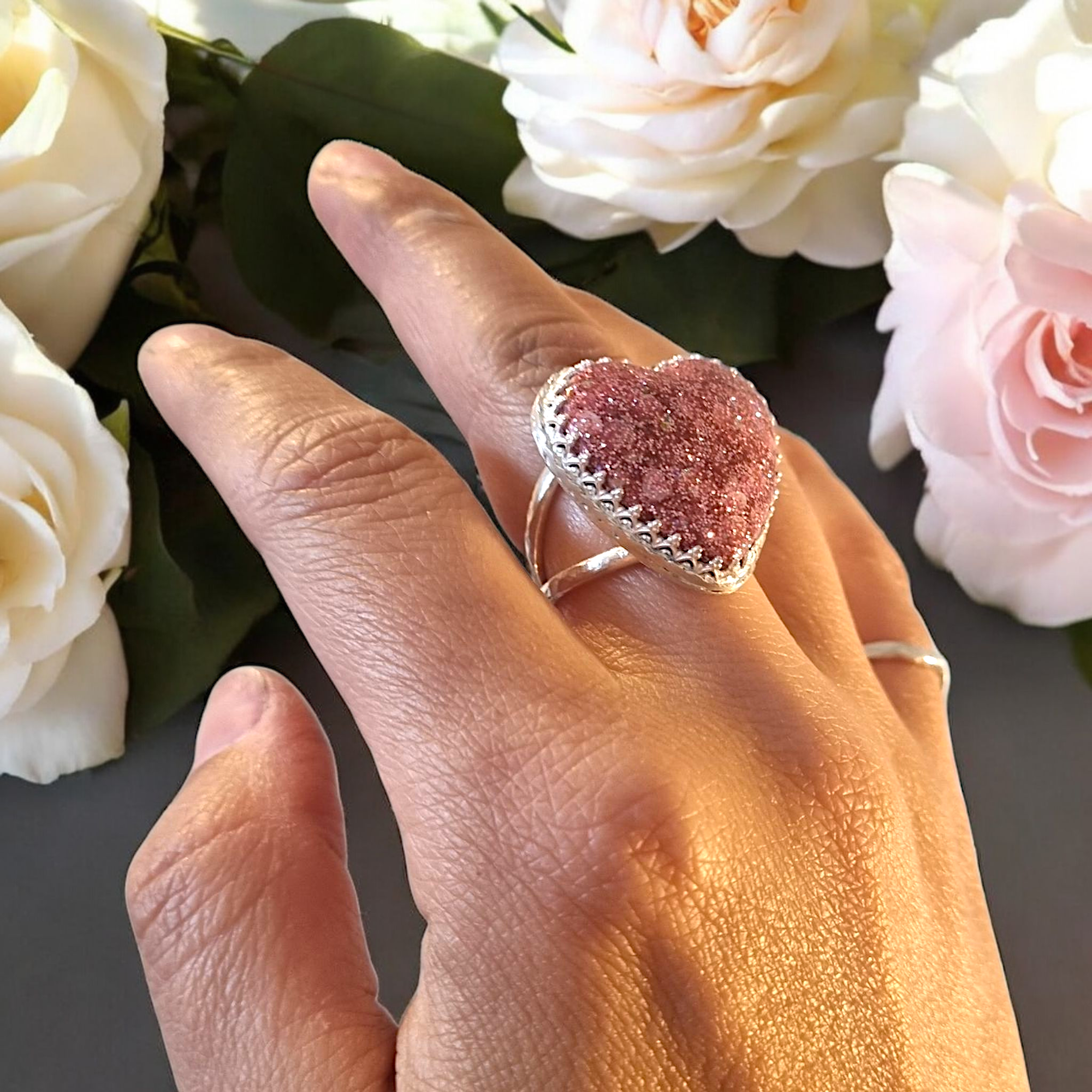 Large Pink Glitter Heart Chunky Ring